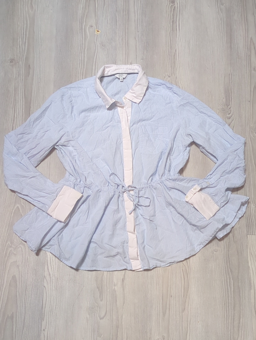Crown & Ivy XL Blue White Pinstripe Cotton Peplum Blouse Drawstring Waist Preppy